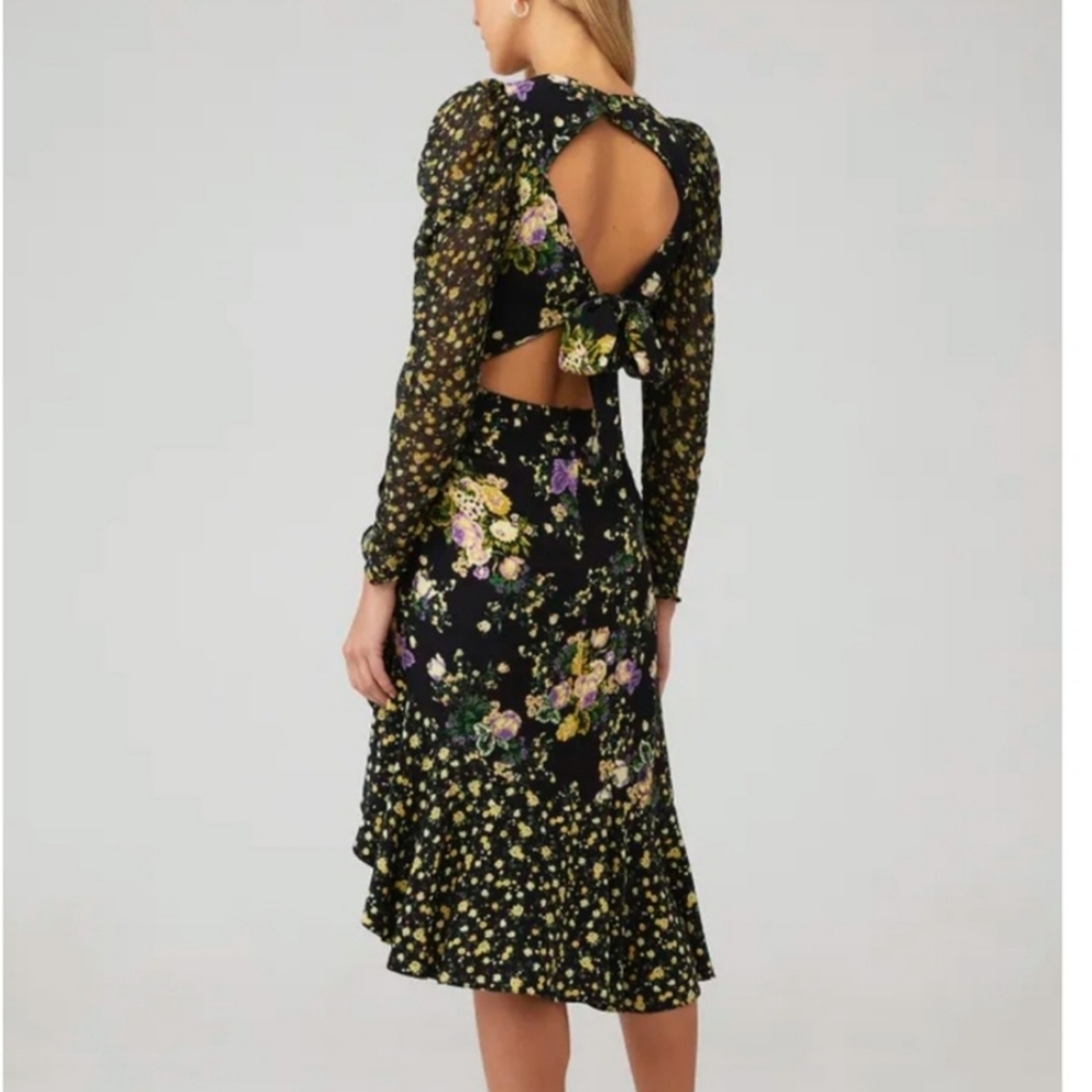 For Love & Lemons Black & Yellow Sheath Midi Dress w Bishop Sleeves Si… - Picture 3 of 8